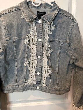 Women's Gray Denim Jacket with White Lace Trim